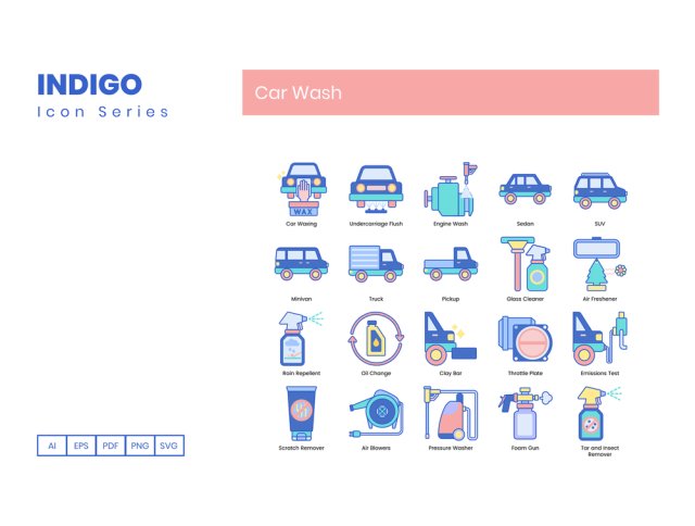 洗车图标集为您的Web，应用程序，营销传播和演示设计，70洗车图标|靛蓝系列