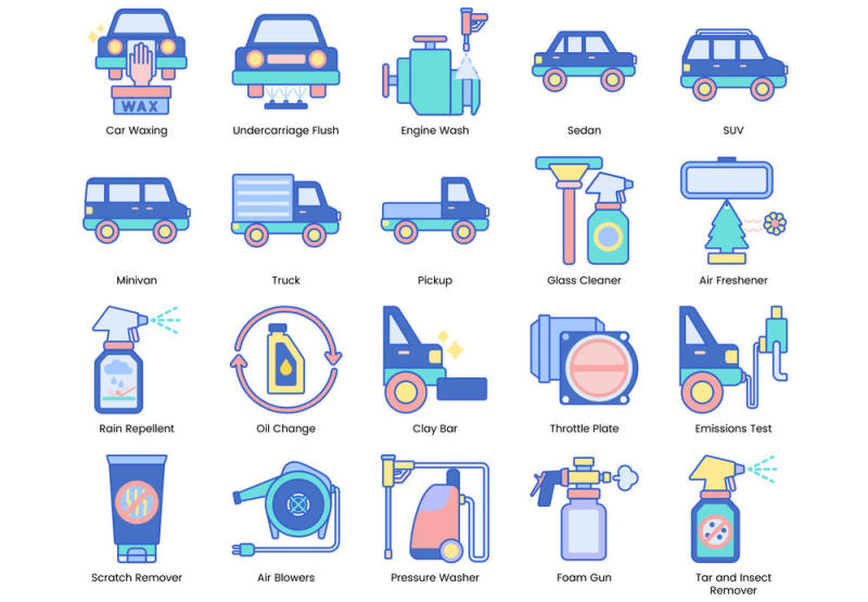 洗车图标集为您的Web，应用程序，营销传播和演示设计，70洗车图标|靛蓝系列