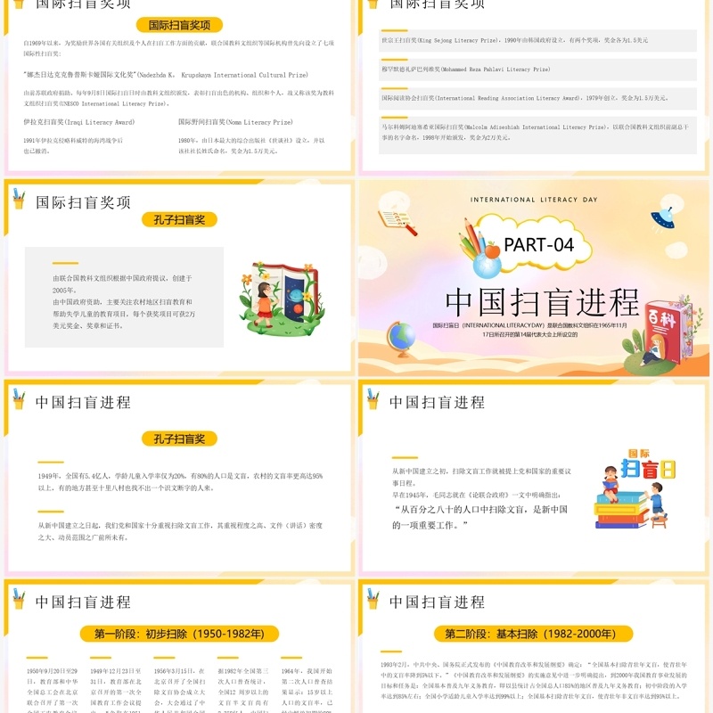 黄色卡通风国际扫盲日介绍PPT模板