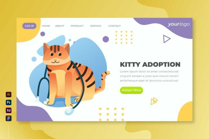 小猫宠物收容所矢量插画登录页UI界面AI设计kitty adoption vector landing page