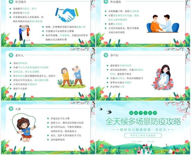 绿色卡通风全天候多场景防疫攻略PPT模板 绿色卡通风全天候多场景防疫攻略PPT模板