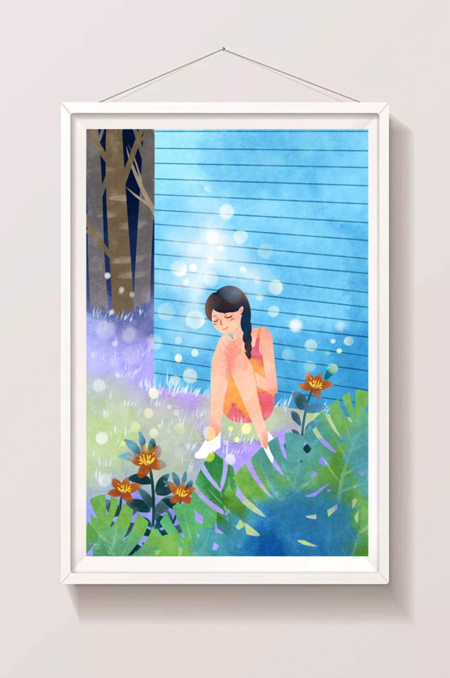 蓝色水彩仲夏夜女孩在院子歇息插画 蓝色水彩仲夏夜女孩在院子歇息插画