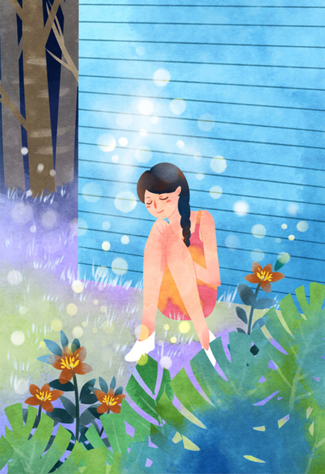 蓝色水彩仲夏夜女孩在院子歇息插画 蓝色水彩仲夏夜女孩在院子歇息插画
