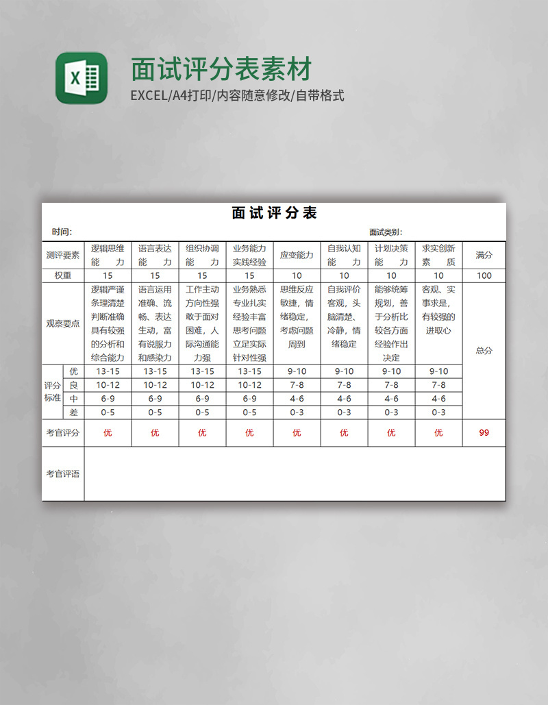 面试评分表Execl素材