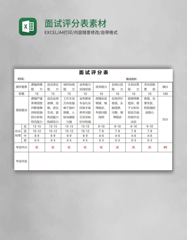 面试评分表Execl素材