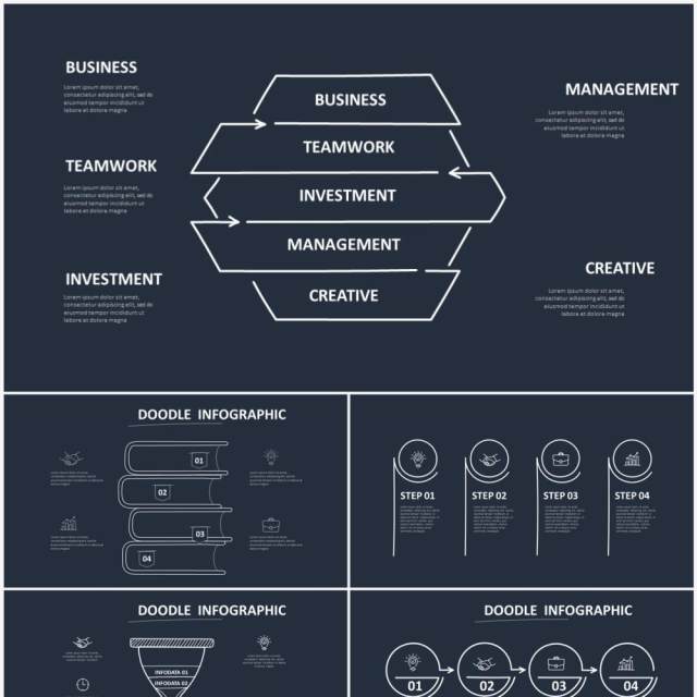 深色背景黑白涂鸦创意信息图表图形PPT素材元素Doodle v3