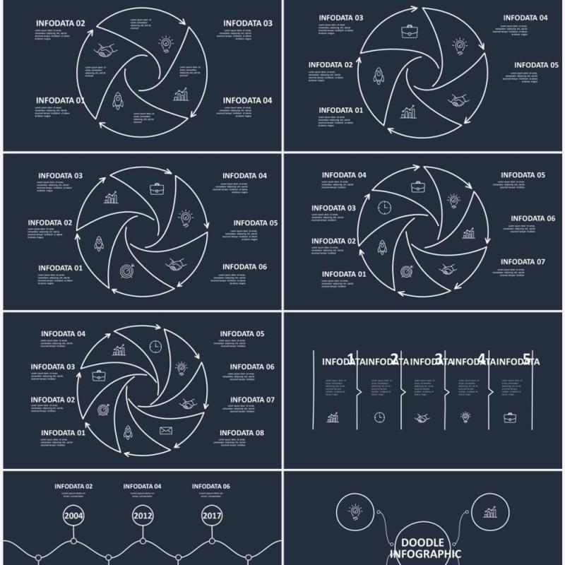 深色背景黑白涂鸦创意信息图表图形PPT素材元素Doodle v3