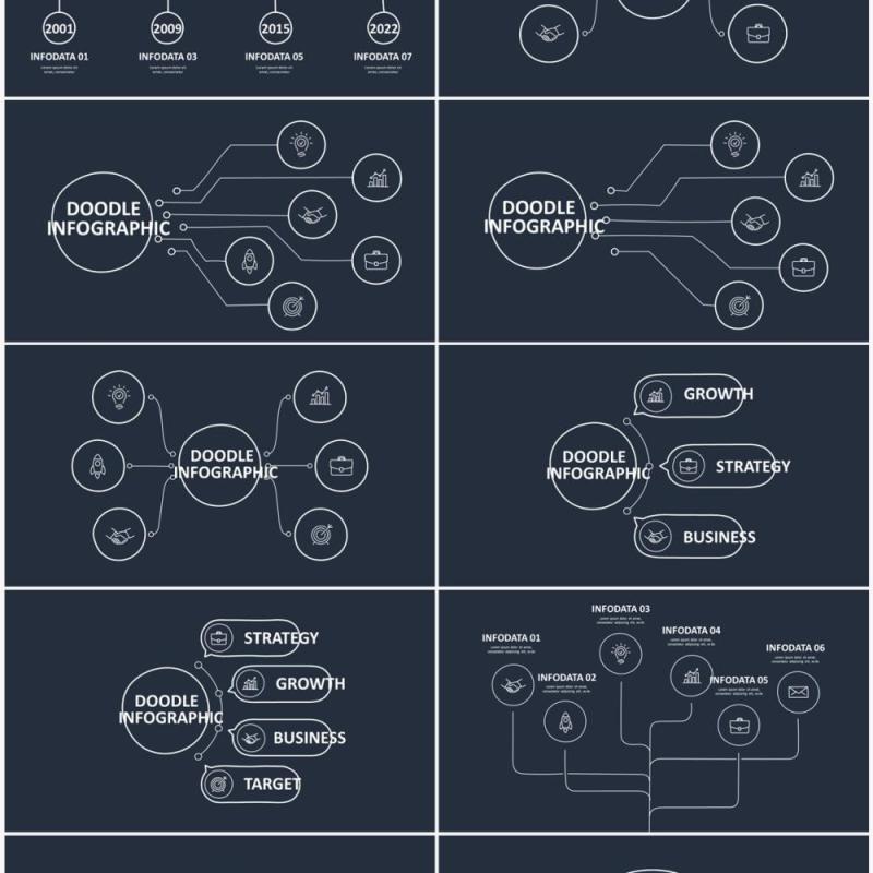 深色背景黑白涂鸦创意信息图表图形PPT素材元素Doodle v3