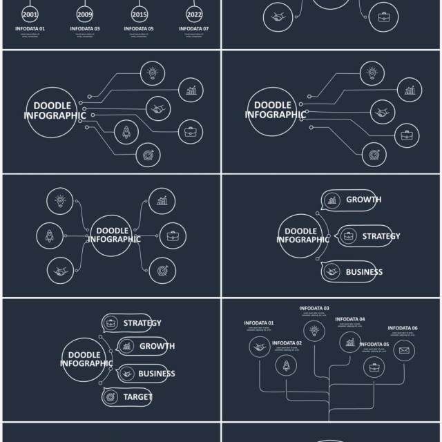 深色背景黑白涂鸦创意信息图表图形PPT素材元素Doodle v3