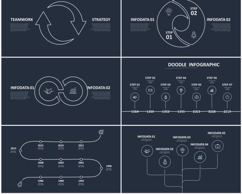 深色背景黑白涂鸦创意信息图表图形PPT素材元素Doodle v3
