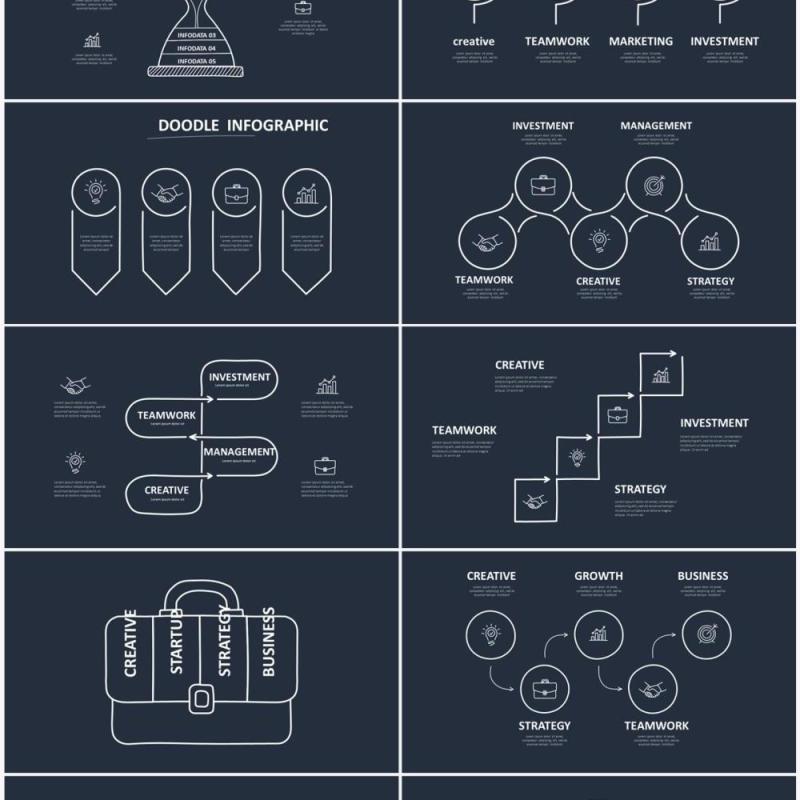 深色背景黑白涂鸦创意信息图表图形PPT素材元素Doodle v3