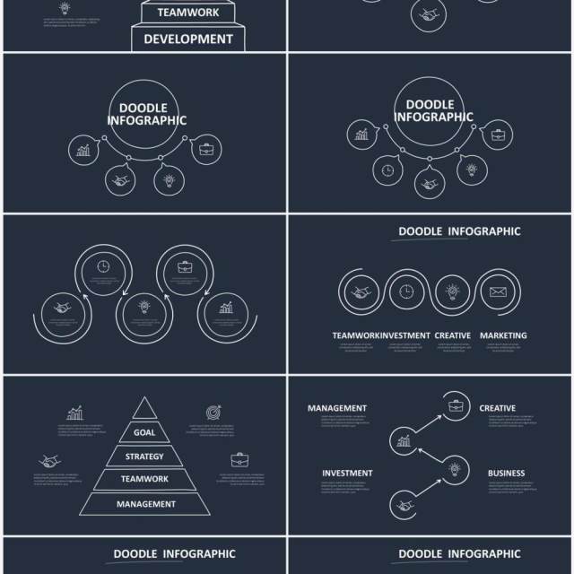 深色背景黑白涂鸦创意信息图表图形PPT素材元素Doodle v3