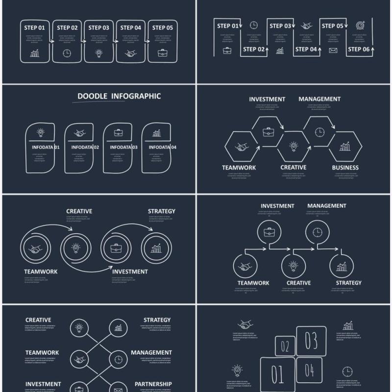 深色背景黑白涂鸦创意信息图表图形PPT素材元素Doodle v3