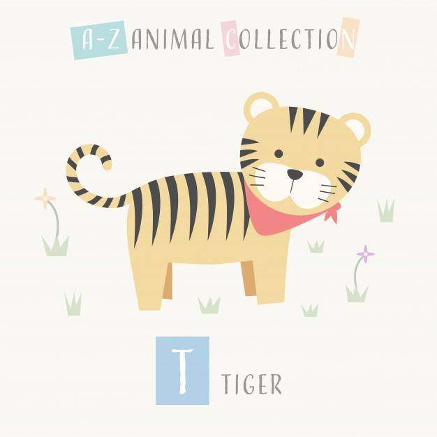 可爱的老虎卡通涂鸦动物字母T