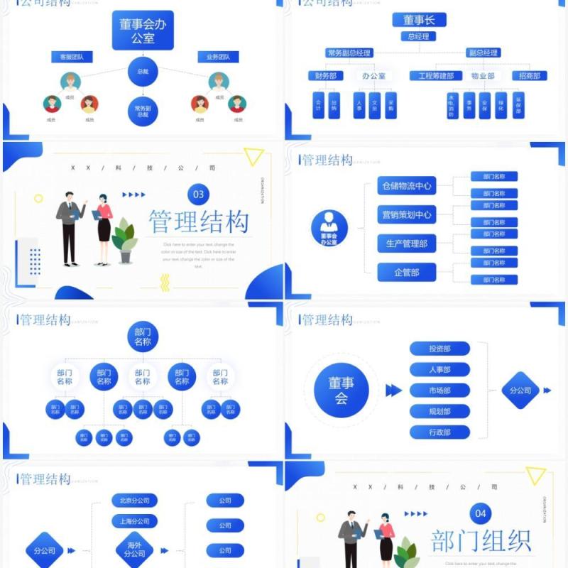 蓝色插画商务风公司组织架构图介绍PPT模板