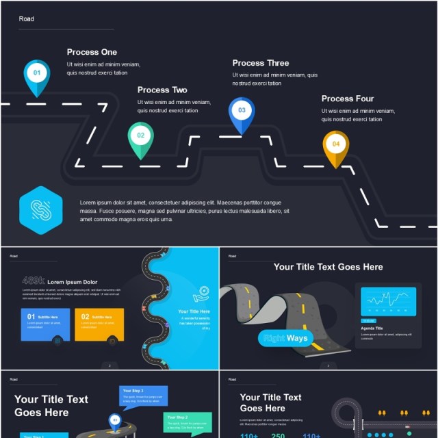 道路导航旅游线路图表PPT模板Road - Dark