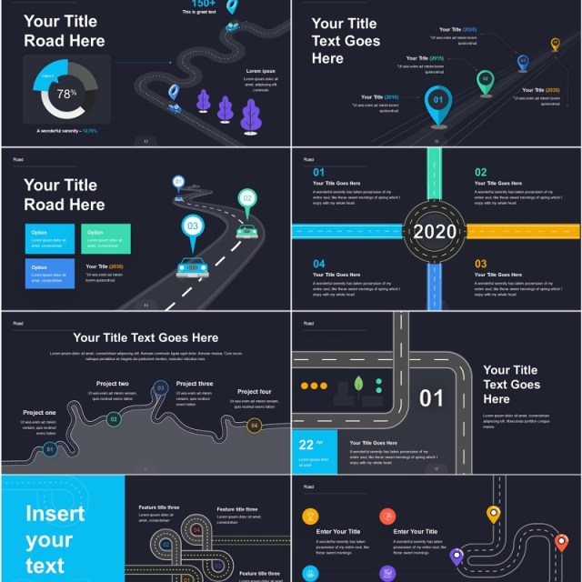 道路导航旅游线路图表PPT模板Road - Dark