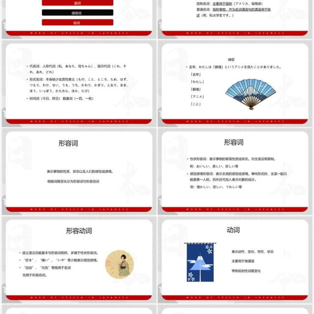 简约红色日语的词类日语教学PPT模板 简约红色日语的词类日语教学PPT模板