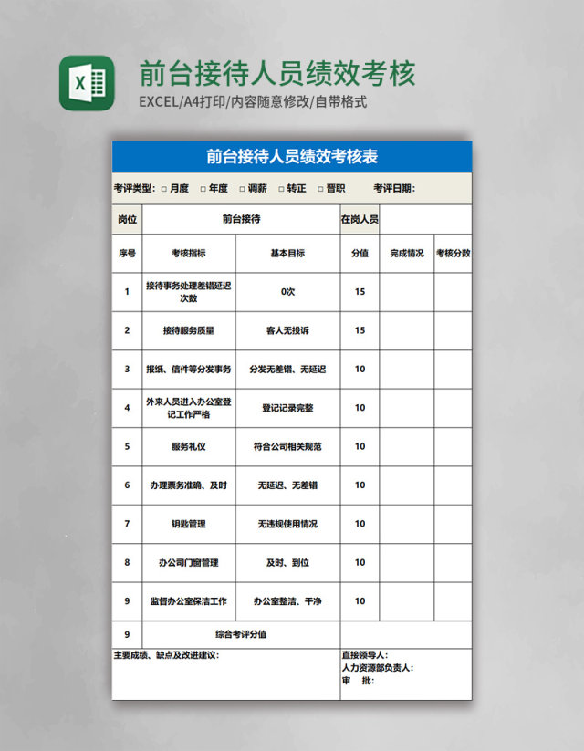 前台接待人员绩效考核表Excel表格