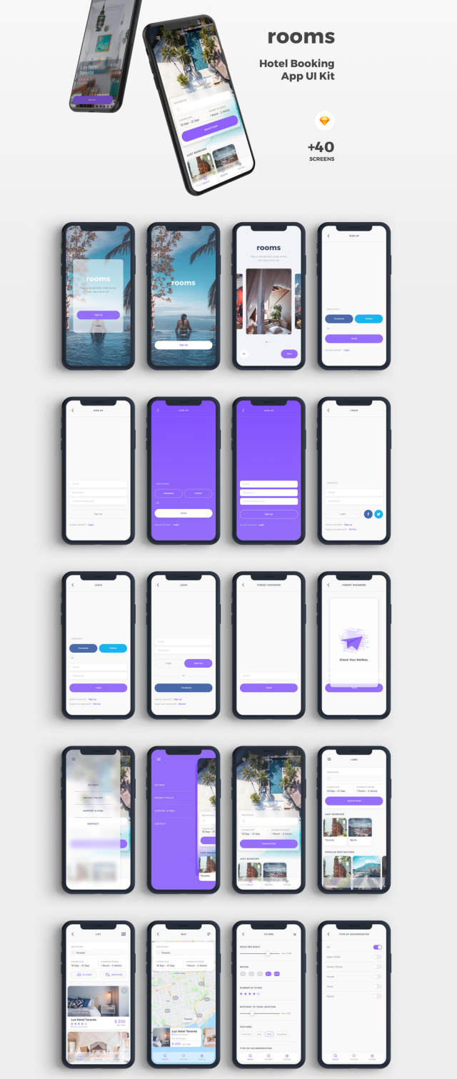 为Sketch。，Rooms Hotel UI Kit设计的高品质酒店预订应用UI套件