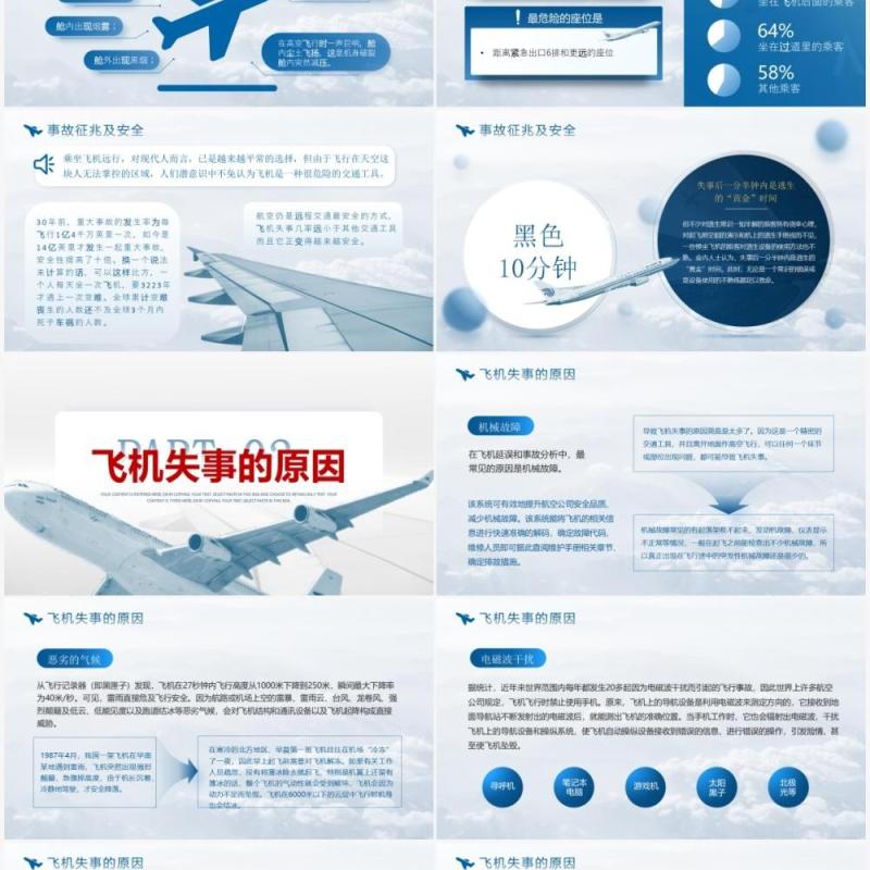 蓝色简约航空事故分析与自救原则PPT模板