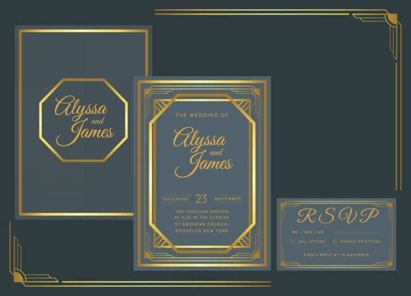 海军黄金装饰艺术婚礼邀请矢量模板