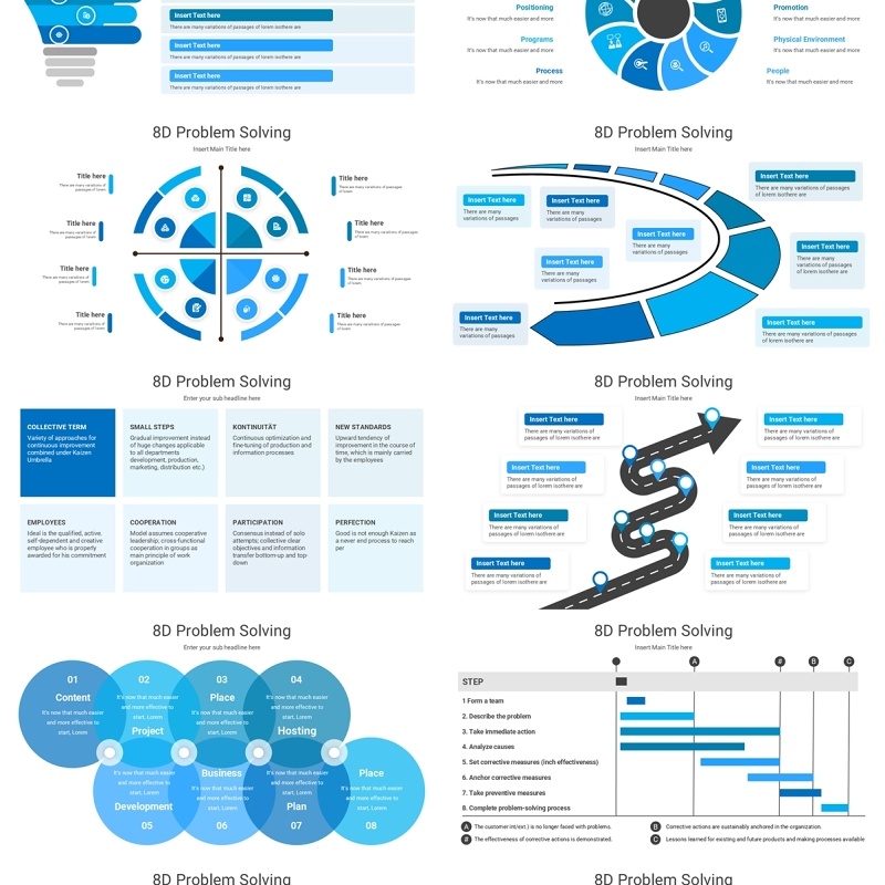 蓝色8个模块问题解决信息图表PPT素材多形式展示模板8d problem solving powerpoint
