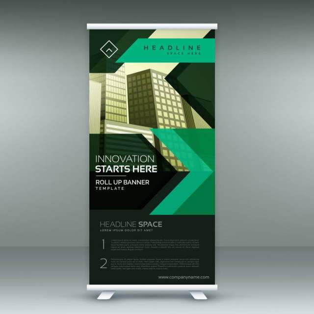 绿色几何standee卷起横幅设计模板在黑暗t 绿色几何standee卷起横幅设计模板在黑暗t