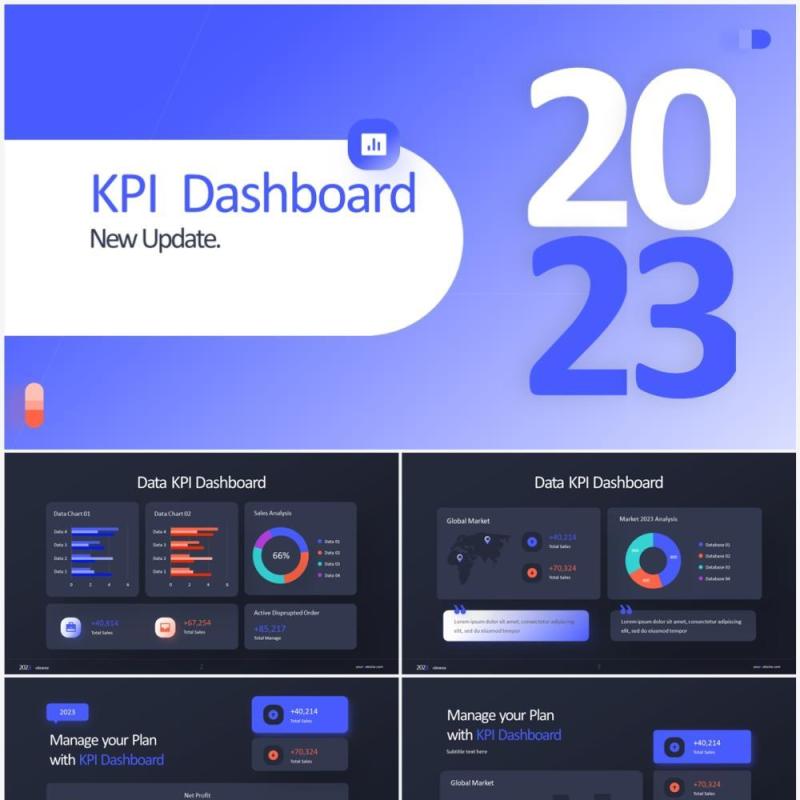 深色系企业经营分析KPI数据图表PPT素材 KPI Dashboard