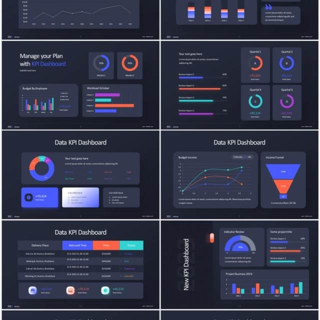 深色系企业经营分析KPI数据图表PPT素材 KPI Dashboard