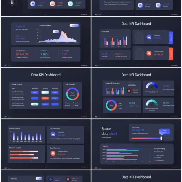 深色系企业经营分析KPI数据图表PPT素材 KPI Dashboard