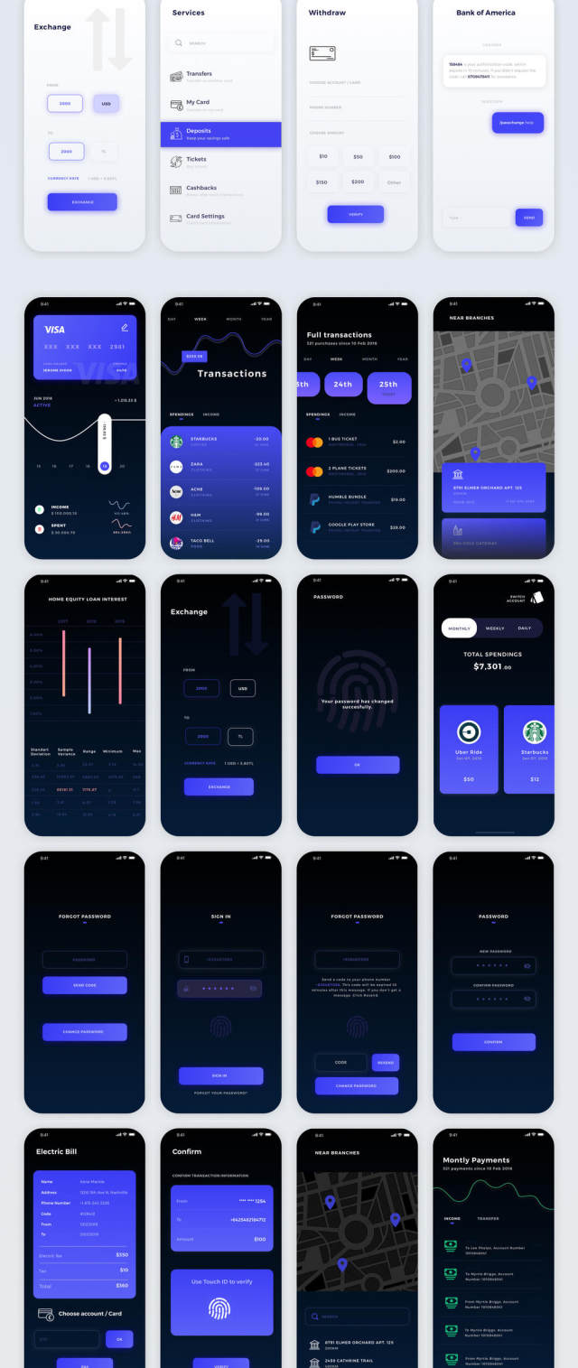 可定制的iPhone XS iOS财务应用UI工具包，使用Sketch。，Tria Finance App UI工具包设计