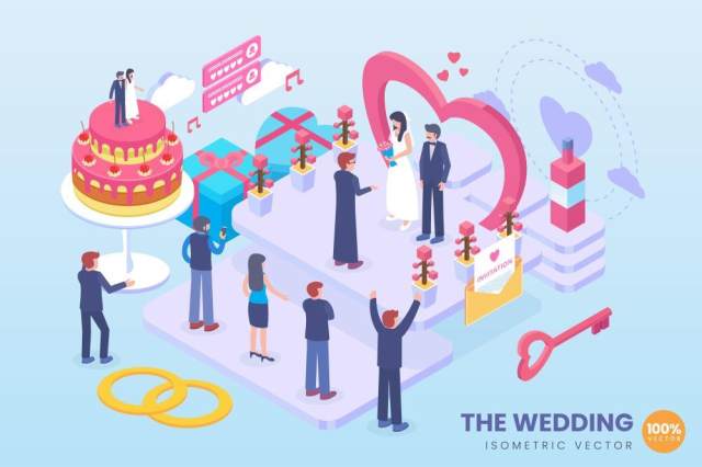 2.5D等距举行婚礼矢量AI人物插画素材isometric the wedding vector concept