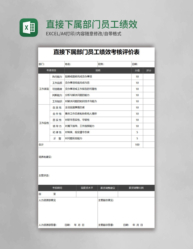 直接下属部门员工绩效考核评价表Excel表格