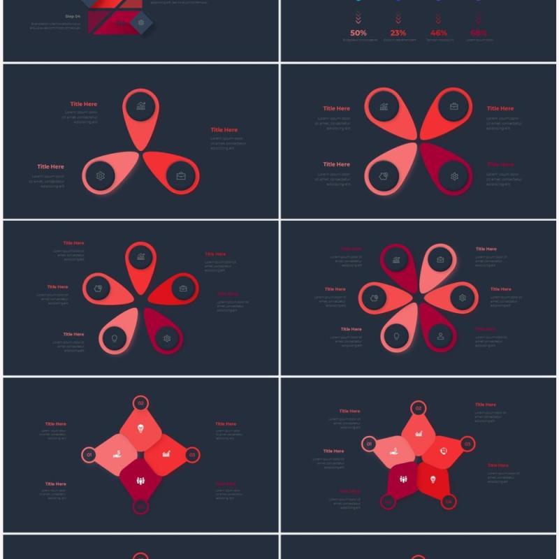 深色背景红色流程结构图目录摘要并列信息图表PPT素材Infographic Red