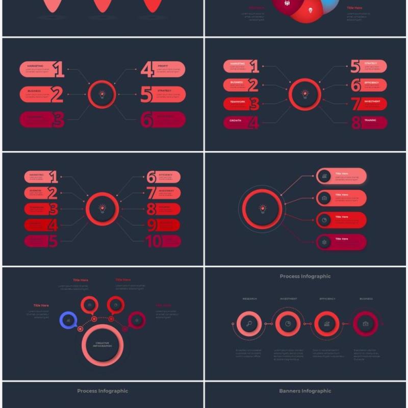 深色背景红色流程结构图目录摘要并列信息图表PPT素材Infographic Red
