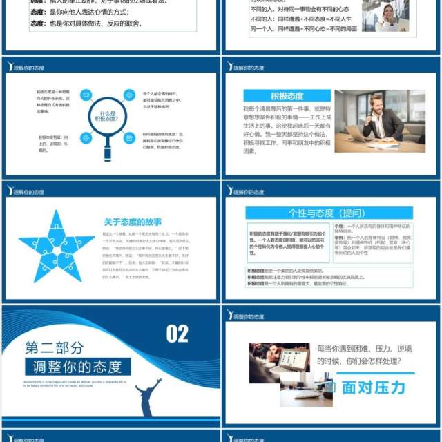 蓝色企业部门员工入职心态培训管理态度决定高度动态PPT模板 蓝色企业部门员工入职心态培训管理态度决定高度动态PPT模板