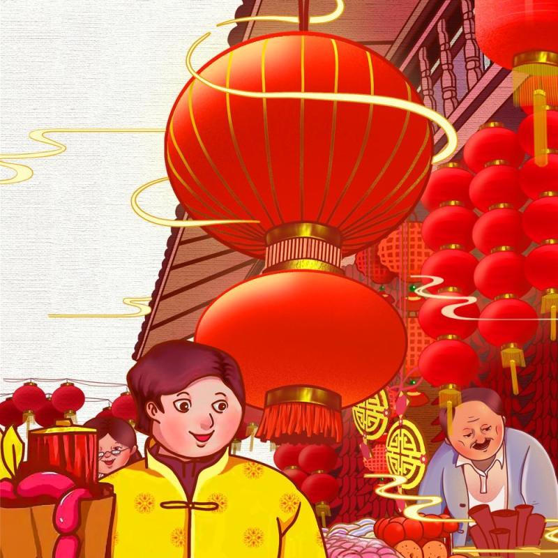 卡通手绘民国风新年春节年货节插画PSD大字报素材54