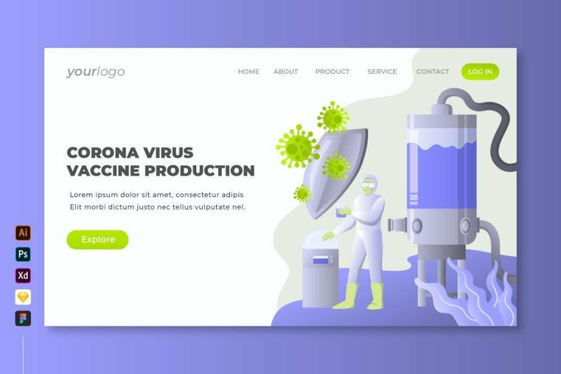 冠状病毒疫苗生产登录页UI界面PSD设计模板corona virus vaccine production landing page
