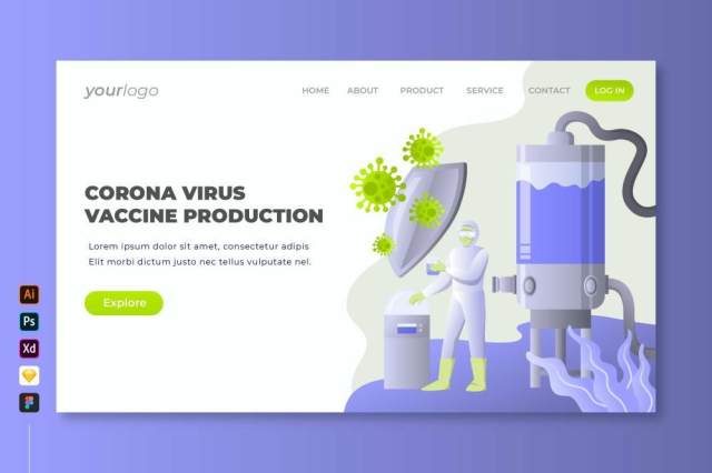 冠状病毒疫苗生产登录页UI界面PSD设计模板corona virus vaccine production landing page