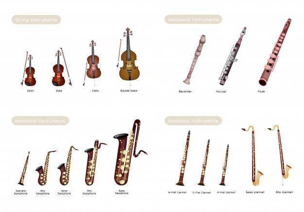 木管乐器和仪器串在白色背景集合