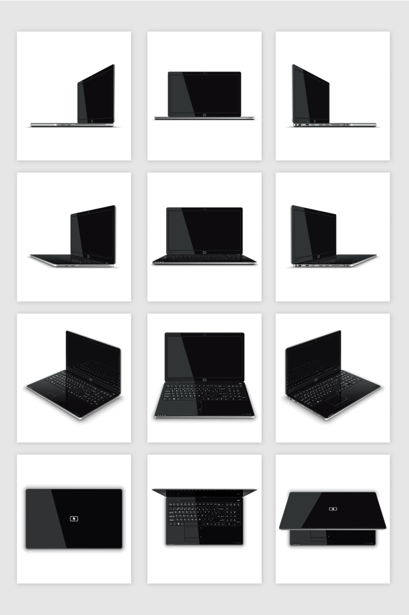 矢量各种角度黑色笔记本电脑