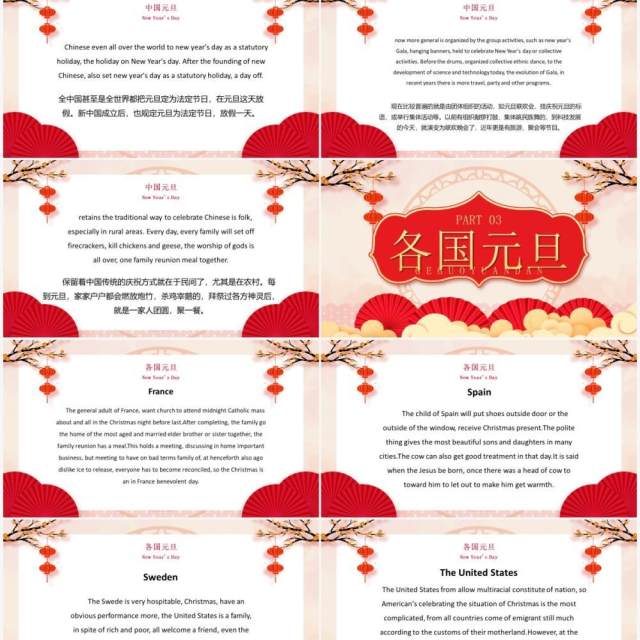 红色中国风元旦英语节日介绍PPT模板