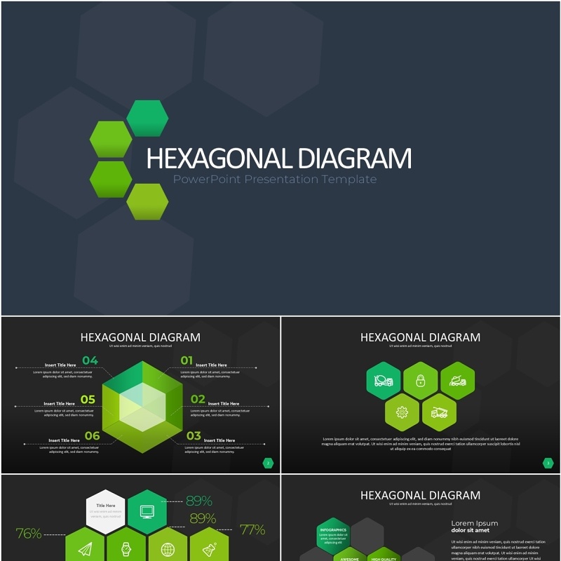 绿色六边形信息图PPT模板素材Wide Green Dark Hexagonal Infographic