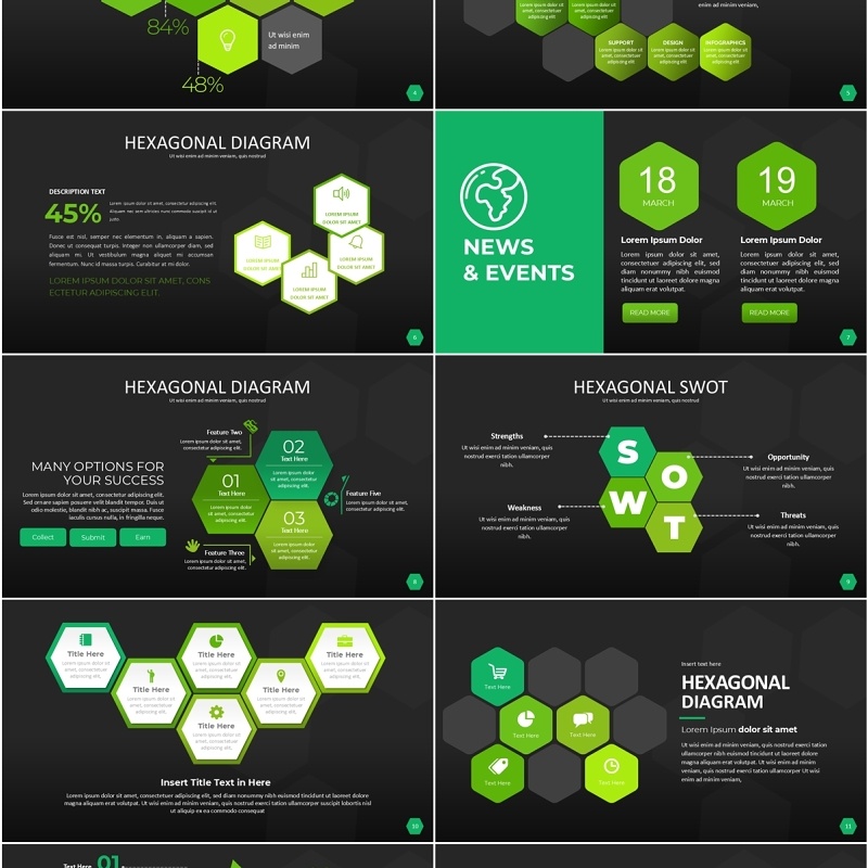 绿色六边形信息图PPT模板素材Wide Green Dark Hexagonal Infographic