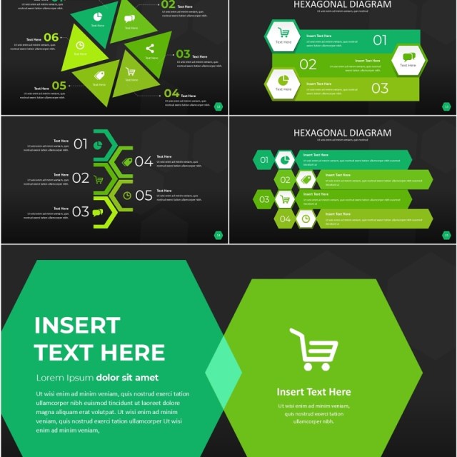 绿色六边形信息图PPT模板素材Wide Green Dark Hexagonal Infographic