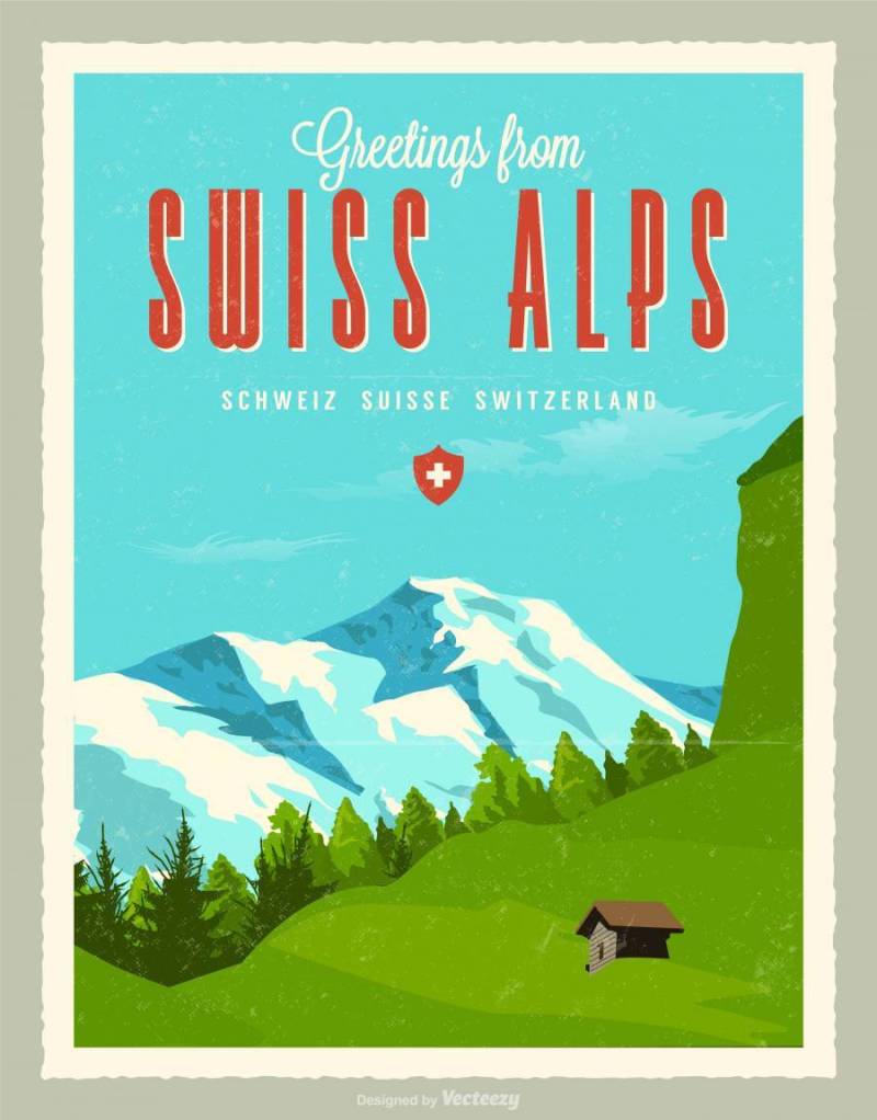 来自瑞士阿尔卑斯山的问候复古明信片矢量