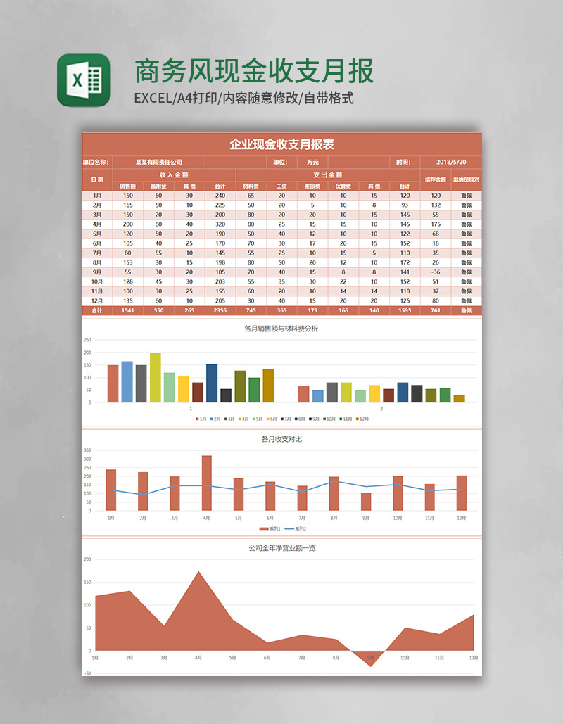 商务风现金收支月报表excel模板