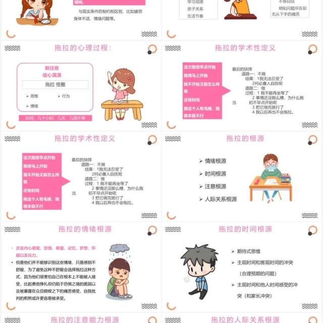 粉色卡通风小学生如何克服拖拉的习惯教育PPT模板