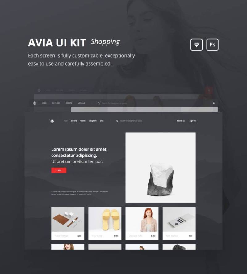 高度抛光的40模板UI套件，Avia UI套件：购物